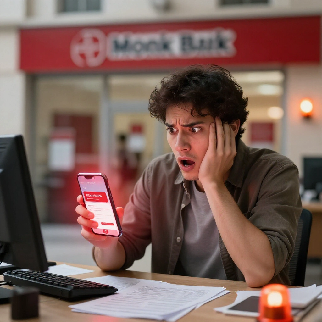 panicked individual staring at smartphone showing frozen account alert in front of blurred bank branch building desk cluttered with financial statements red glowing warning overlays chaotic background warm orange emergency lights frustrated pose