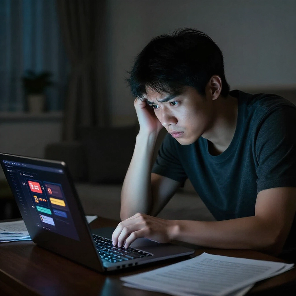 一位擔心的年輕台灣男子在昏暗公寓深夜,俯身盯著發光的筆電螢幕,顯示賭場出金圖示與論壇聊天泡泡,臉部緊繃,周圍散落投注筆記