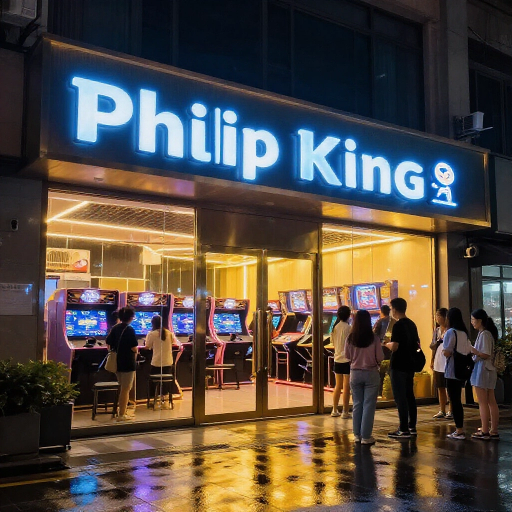 台中西屯區夜晚菲力國王現代遊戲廳外觀,明亮霓虹燈招牌、安全玻璃門、金色燈光映照濕潤路面,歡迎休閒服裝成人客群,高檔安全氛圍