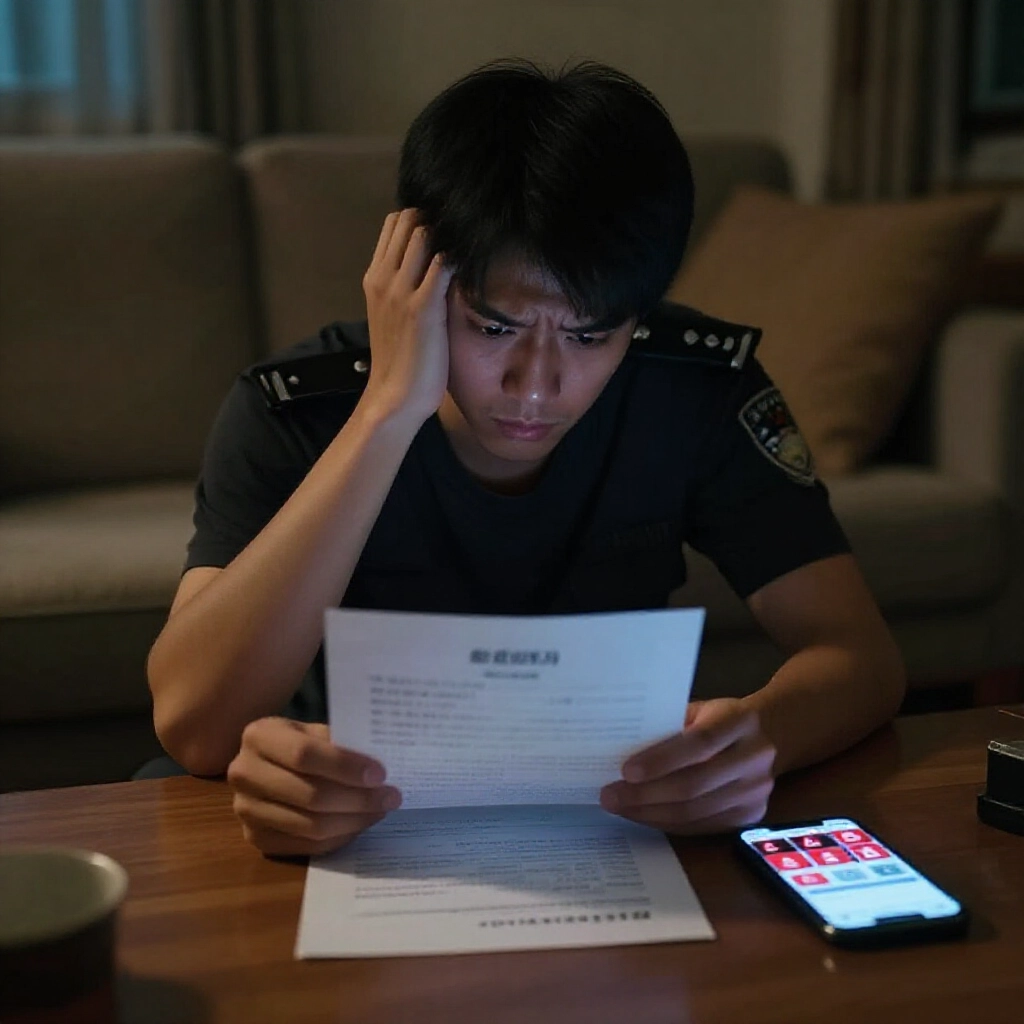 深夜台灣客廳燈光昏暗，三十歲男子焦慮盯著警方傳票，手機顯示運動投注App介面紅色警示圖示投射緊張陰影