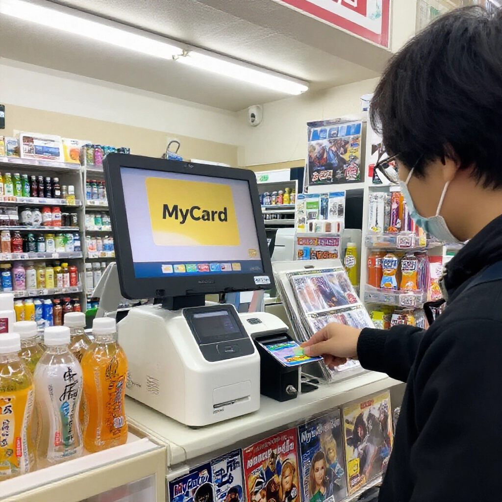 台灣便利商店櫃檯顯示 MyCard，顧客掃描卡片付款，旁邊有能量飲料和遊戲雜誌
