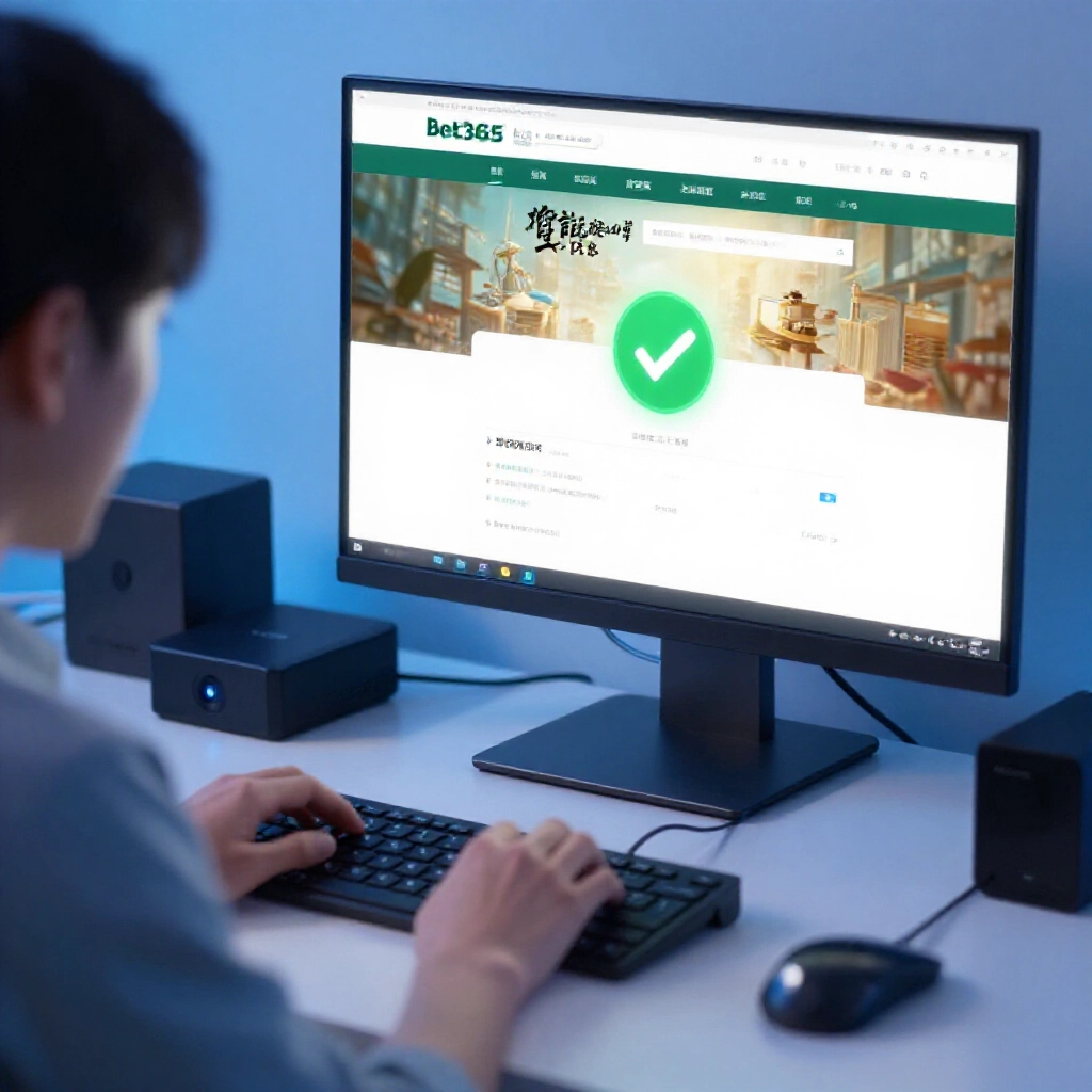 台灣使用者在家用電腦設定 VPN 連線存取 bet365 繁體中文登入頁面，安全綠色勾選標記發光，柔和藍色環境光，現代科技設定