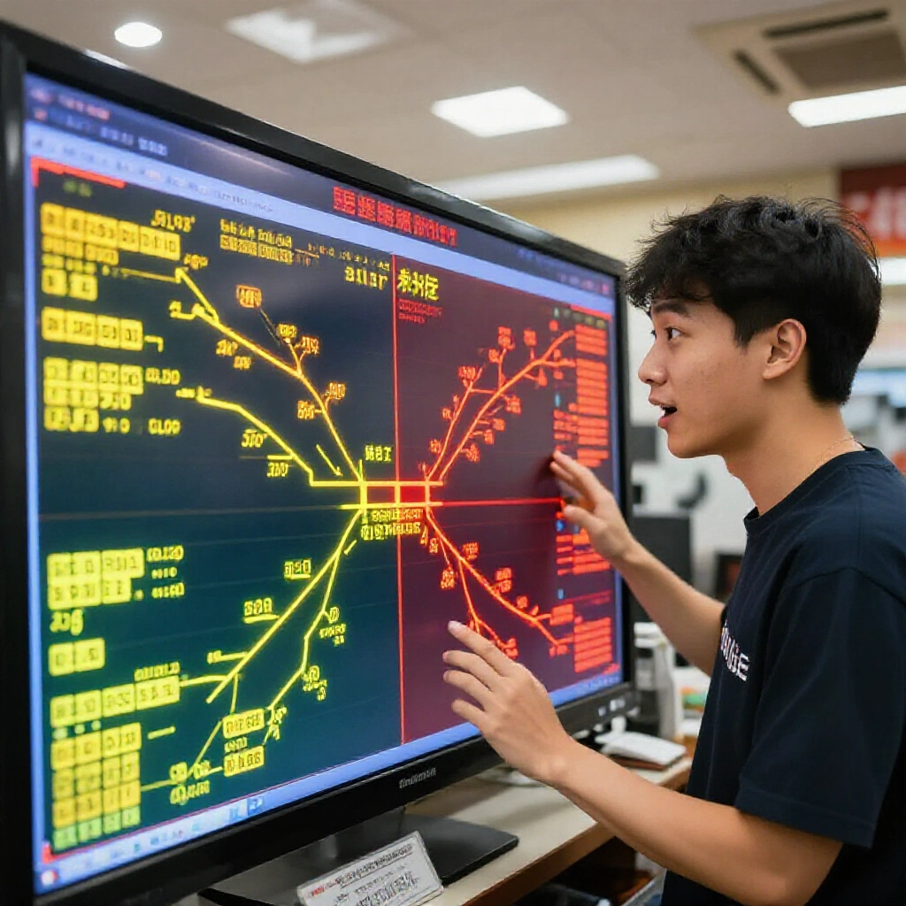 興奮的年輕台灣投注者在運動彩券店檢視單一串關與系統過關組合的彩色圖表，顯示單注全中與多組中獎路徑