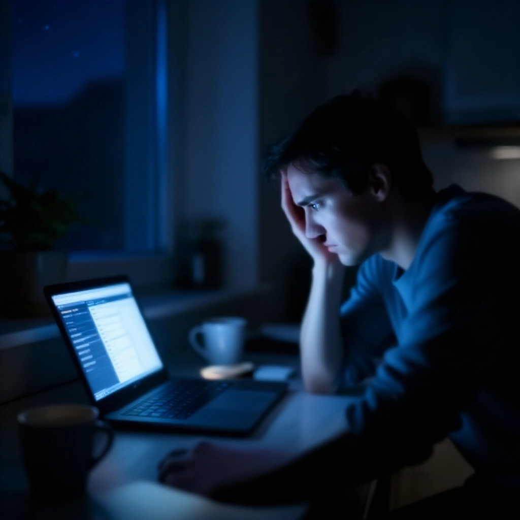 沮喪的夜貓子投注者在黎明前昏暗廚房盯著顯示凍結投注介面的筆電，周圍散落咖啡杯，窗外星空夜景