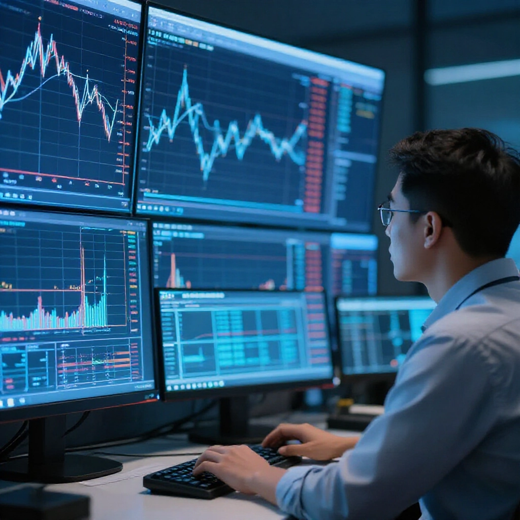 專業分析室場景，分析師在發光螢幕上研究落球模式與藍色趨勢線
