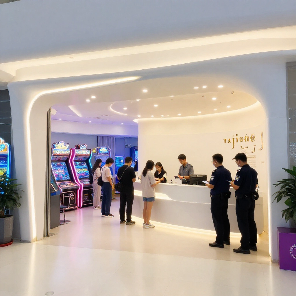 台中明亮現代遊藝場入口，保安人員在乾淨櫃檯檢查好奇新人的身份證，歡迎燈光照亮寬敞大廳氛圍