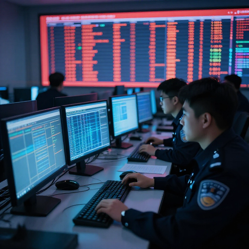 高科技警局調查室，偵探分析電腦螢幕金流追蹤，從投注者帳戶經第三方支付至警示清單，銀行交易圖表紅色警示急迫氛圍