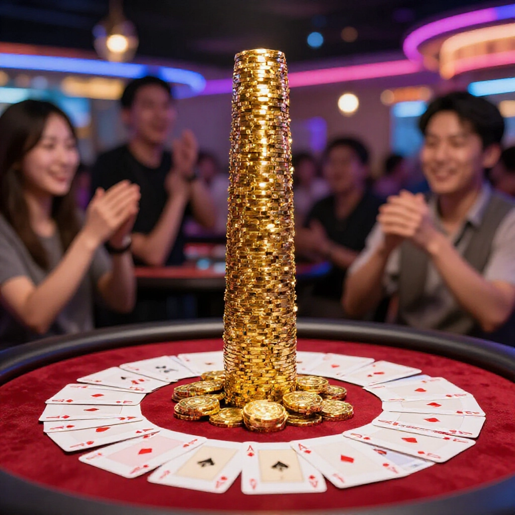 金色籌碼高塔聳立,五小A牌散開在紅絨桌台旁,背景模糊歡呼亞洲玩家,熱鬧節慶霓虹燈賭場場景
