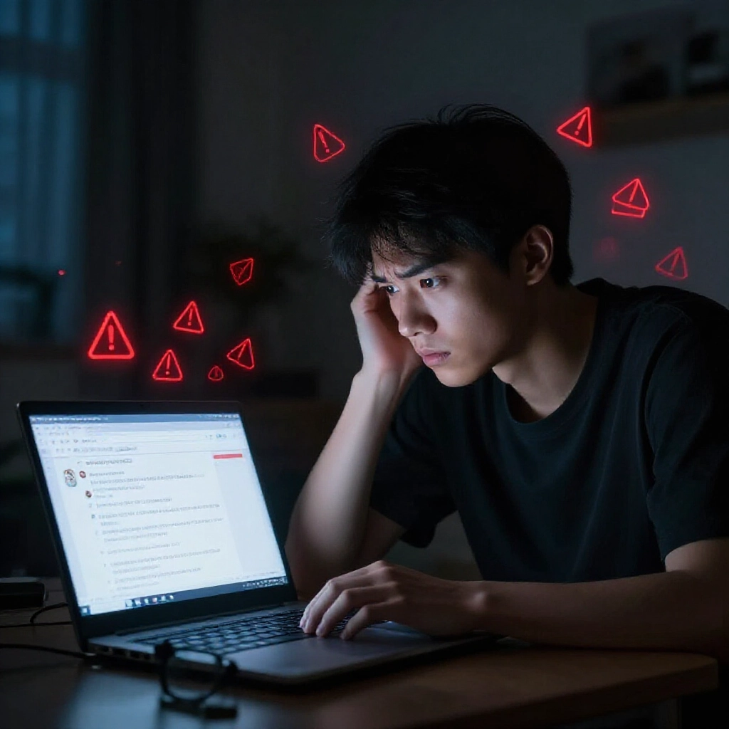 深夜焦慮台灣年輕男子盯著顯示PTT信用博弈討論的筆電螢幕，周圍紅色警告符號浮現