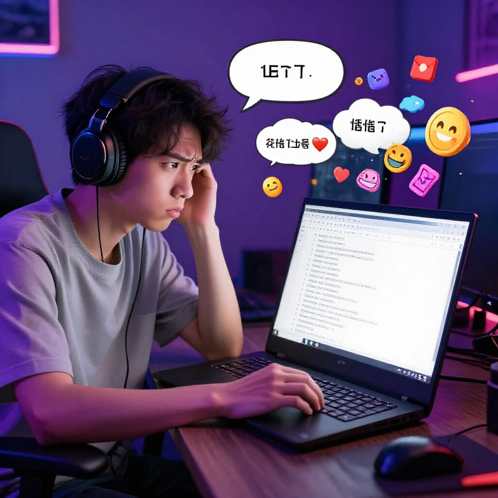 困惑台灣玩家盯著筆電螢幕顯示 PTT 討論串滿載黑話如冥王與反指標，解說泡泡與彩色圖示環繞，霓虹燈昏暗書桌氛圍