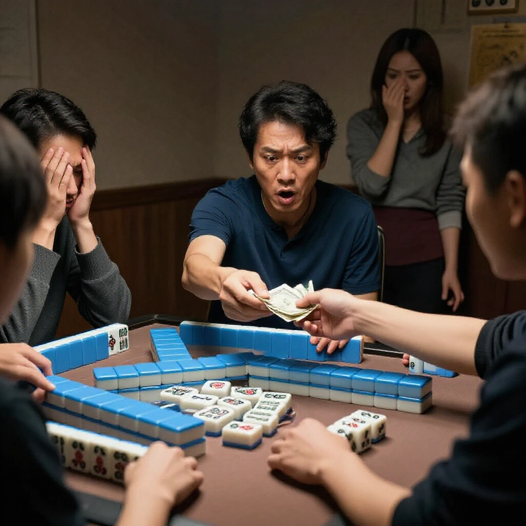 麻將桌緊張時刻,一玩家震驚付錢給他人,戲劇燈光突顯沮喪臉龐,散落牌顯示大三元強牌,昏暗氛圍增添懸念