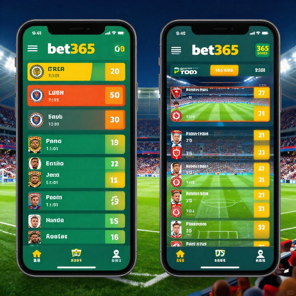 智慧型手機分割畫面，左側 bet365 投注介面顯示鮮豔賠率，右側 365scores 即時足球賽事更新，動感體育場燈光與活力色彩