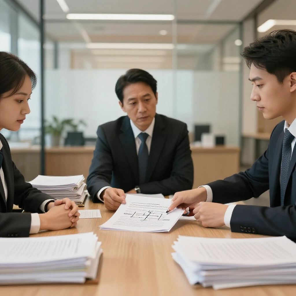 現代辦公室專業會議，客戶與律師討論文件，指著流程圖，嚴肅專注臉龐，堆疊法律文件，溫暖燈光喚起希望與策略規劃正義感