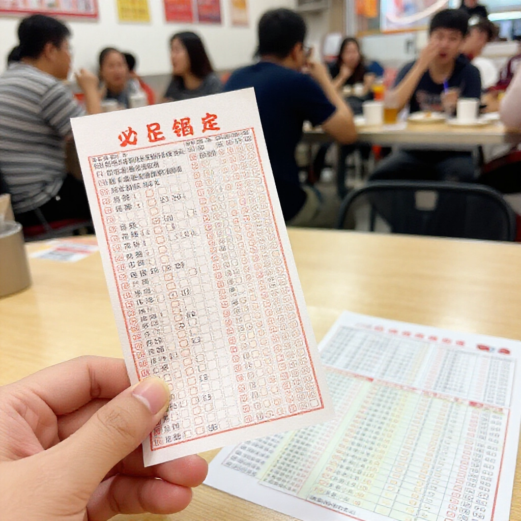 手持標記今彩539 選號的投注單,旁邊解說規則表格與獎金圖表,置於明亮台灣咖啡廳木桌上,周圍興奮顧客
