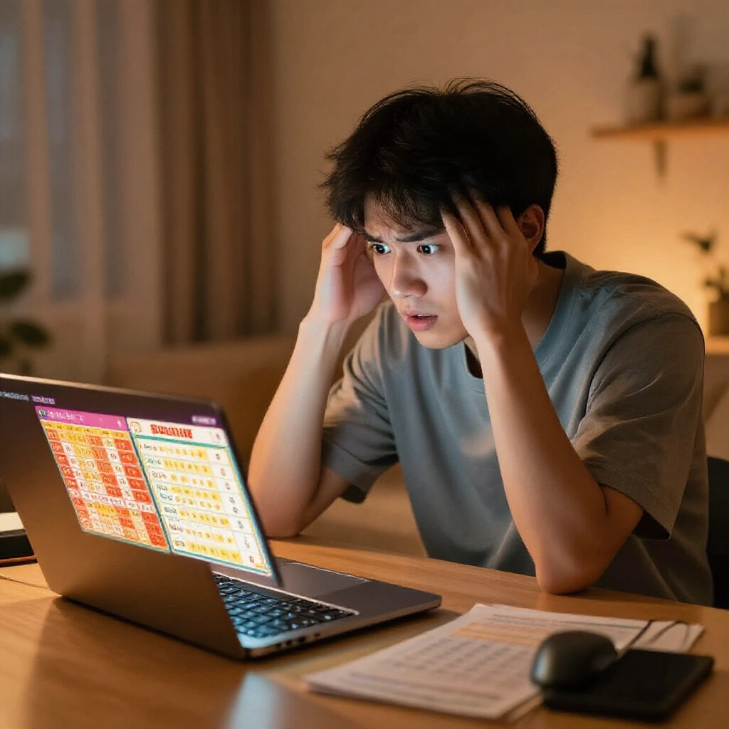 沮喪的台灣年輕投注者在家中辦公室深夜比較筆電螢幕,一邊是台灣運彩低賠率,另一邊是國際盤高賠率,表情從緊張轉為興奮,暖橘色燈光營造希望氛圍