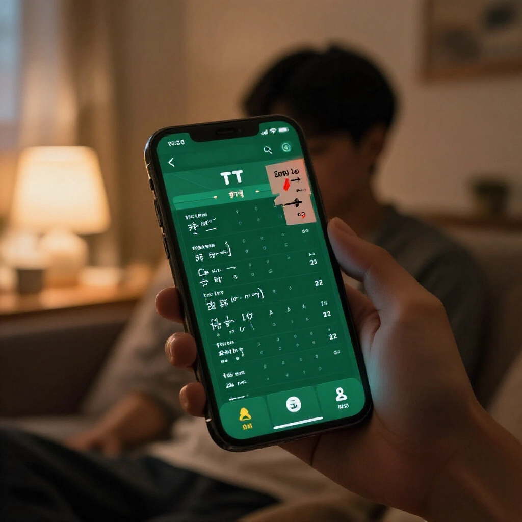 年輕台灣男子在溫馨夜間房間，專注手機 PTT SportLottery 版螢幕，周圍散落投注筆記