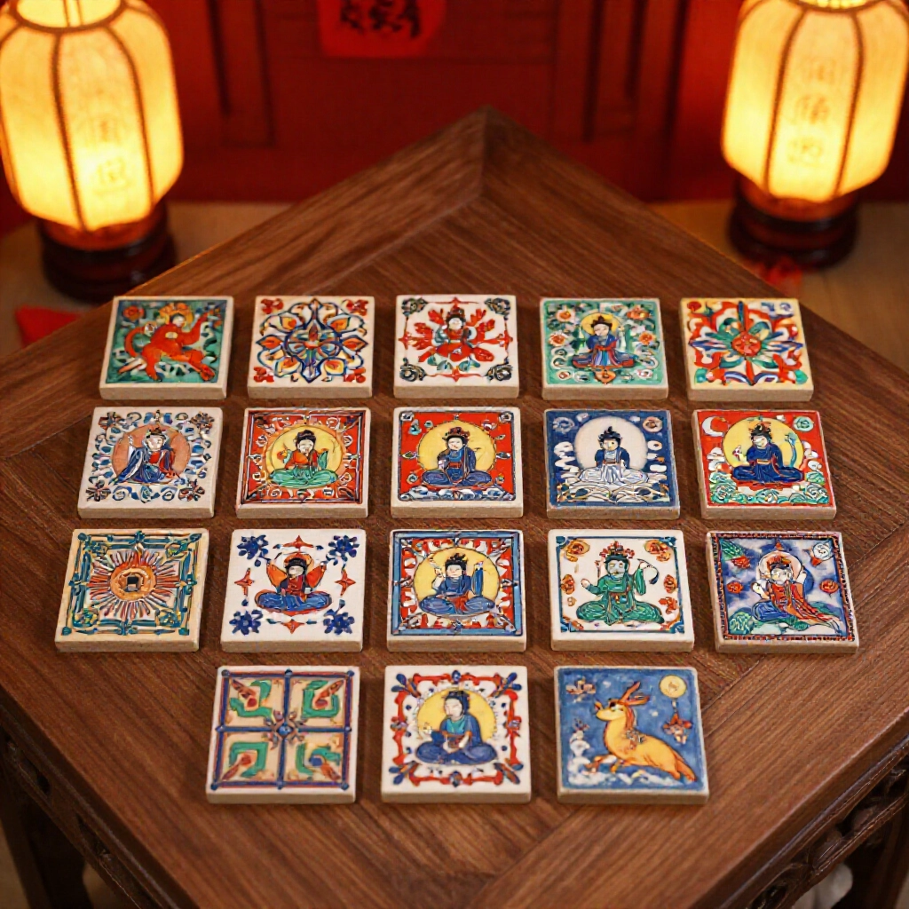 32張傳統天九牌在燈籠暖光木桌散開，紅色點綴與象徵雕刻微微發光
