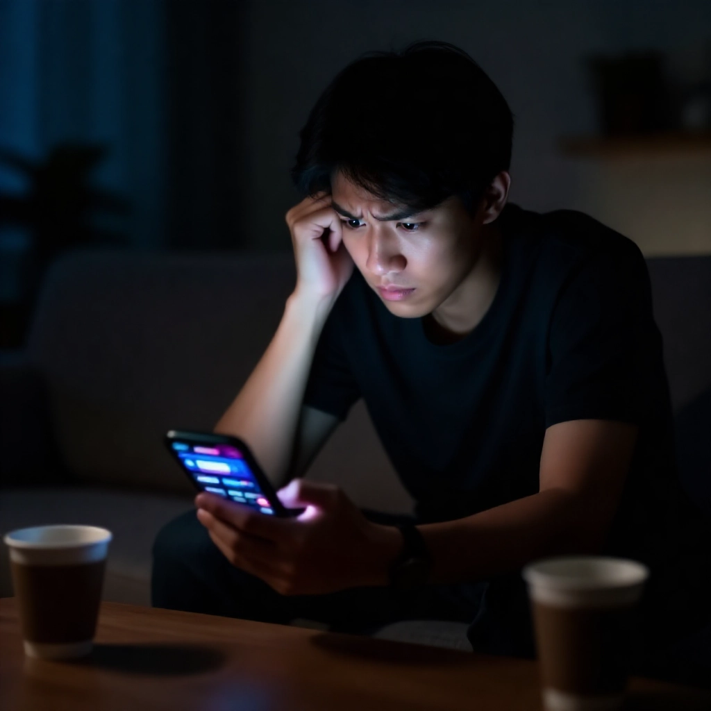一位年輕台灣男子深夜在家焦慮盯著顯示線上娛樂城介面的手機螢幕，周圍散落空咖啡杯，臉上映著螢光擔憂神情