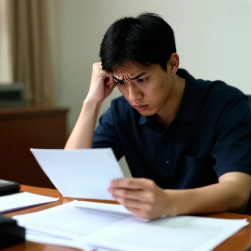 年輕男子在家焦慮查看警方通知書，桌上散落文件營造法律急迫感