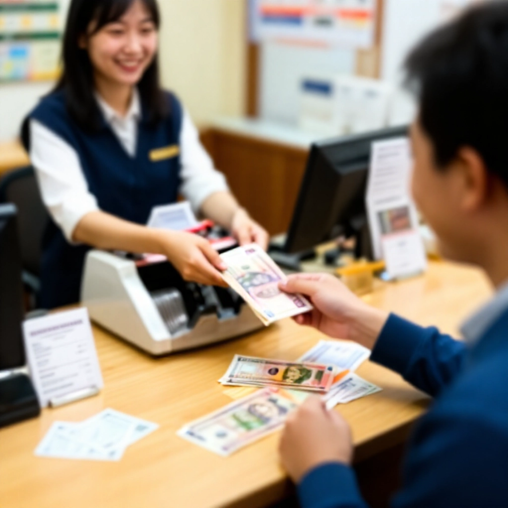 彩券行櫃檯微笑店員遞交現金給快樂顧客，木桌上有印花稅票與散落彩券收據，細節金錢計數時刻