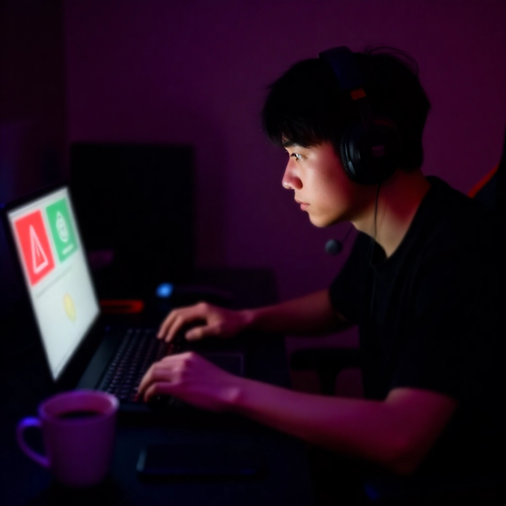 台灣玩家在昏暗臥室中小心檢查筆電螢幕，顯示紅色警示圖示與綠色安全標章，周圍桌面雜亂擺放咖啡杯與手機