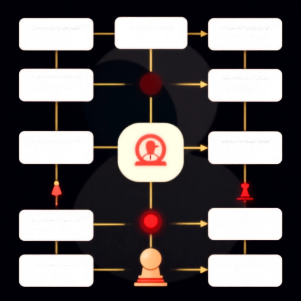 深色背景金色線條流程圖，描繪從線上平台存取至刑法違規的法律決策路徑，風險點有紅色停止標誌與台灣法院圖示
