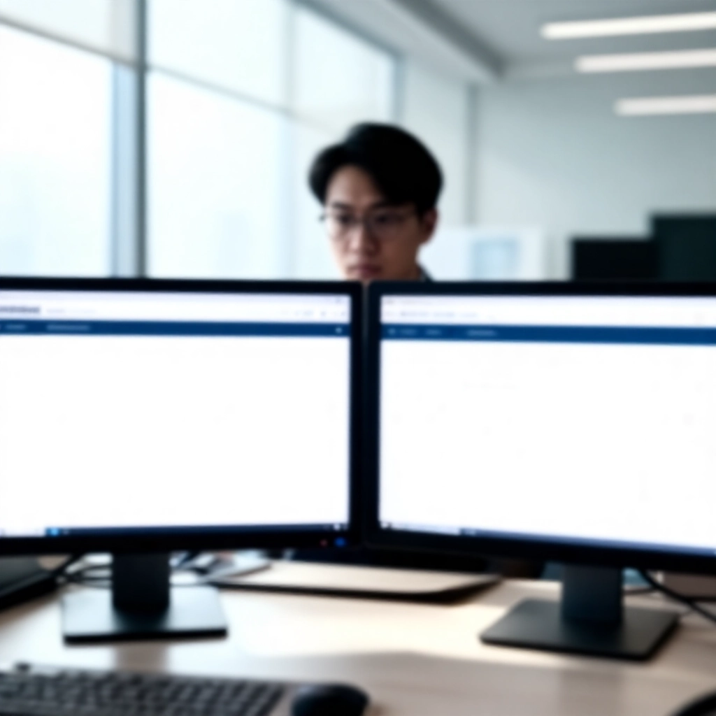 細眼調查員在明亮辦公室陽光下，比對雙螢幕上的兩個網站，突顯網址細微差異與假標誌