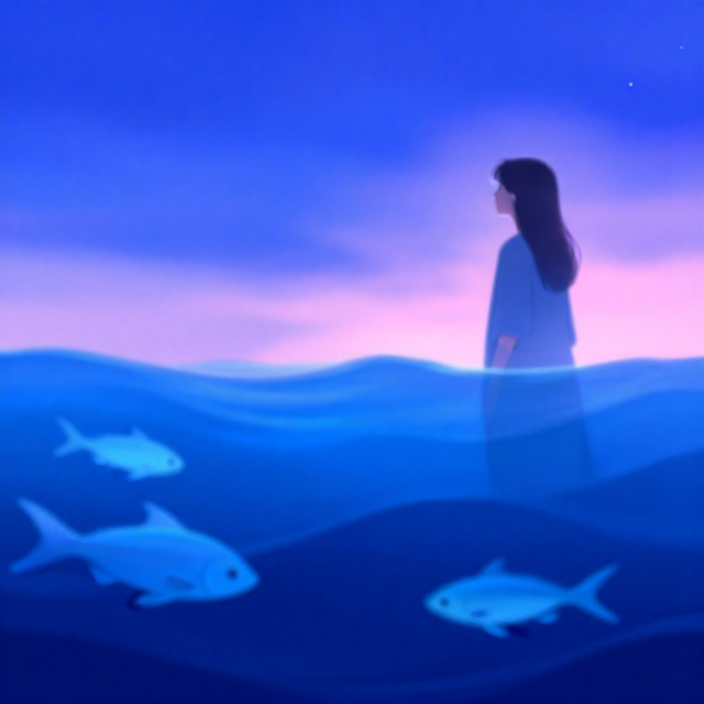 夢幻雙魚座藝術優雅游魚深藍海浪融合沉思年輕人凝視星空暮光天空