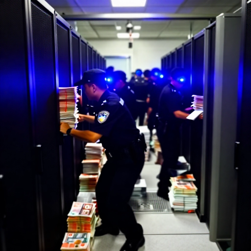 台中警方夜襲商辦大樓破門查扣伺服器、現金與文件，藍色警燈閃爍緊張氛圍
