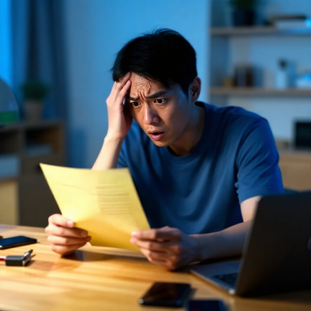三十多歲台灣男子焦慮坐在公寓木桌前，晚間藍光下震驚盯著警方傳票，額頭冒汗，手機電腦散落旁邊