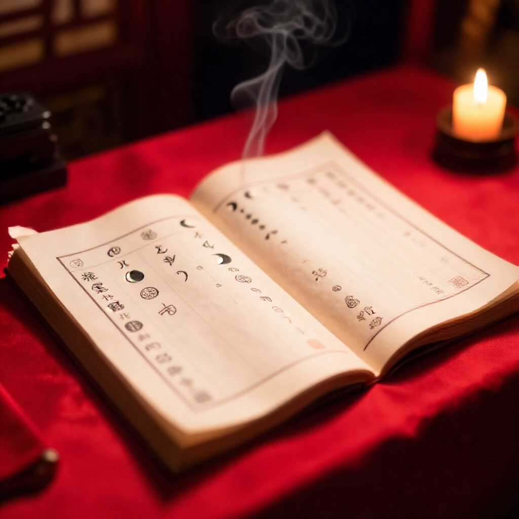 古風農民曆攤開紅絲綢上燭光照亮,精緻農曆符號吉祥圖標廟宇氛圍香煙裊裊