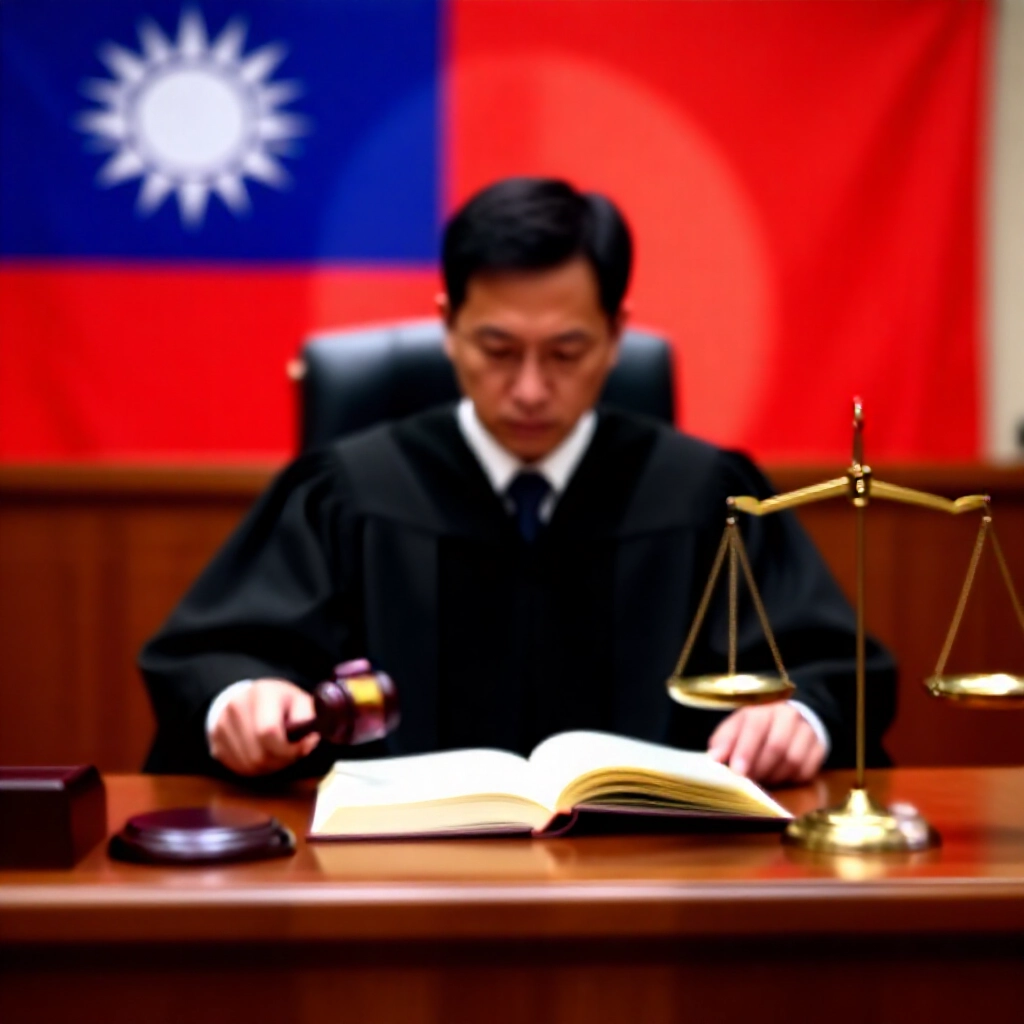 莊嚴的台灣法庭，法官手持法槌，旁邊是打開的刑法書籍，柔和燈光下木質長椅上有正義天平，背景有台灣國旗