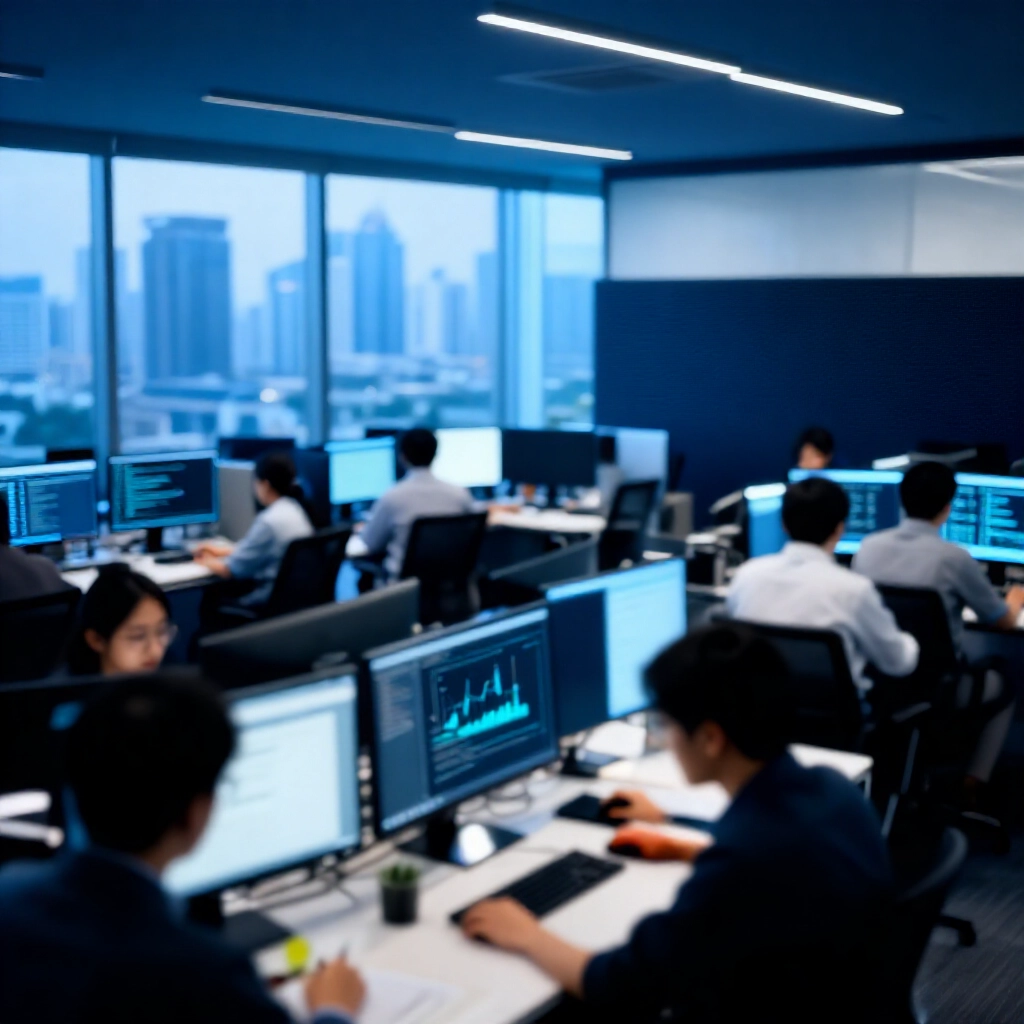 台中高科技辦公室內景，冷藍色調，多位專業人士操作電腦，開發者編寫API、數學家繪製風險模型，控制面板俯瞰城市天際線