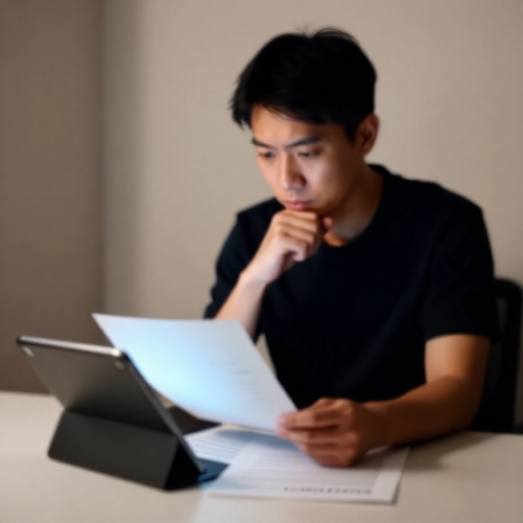 台灣男子沉思姿態檢視法律文件與線上博彩法規的平板電腦，中性色調房間以微妙陰影強調風險分析與合規