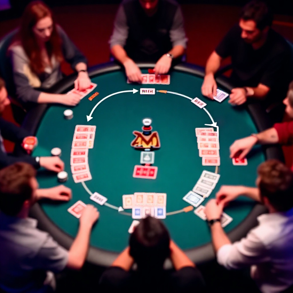 撲克遊戲流程圖，翻牌前、翻牌、轉牌、河牌、攤牌，順時針發牌，標註下注輪，動態動作，玩家反應，緊張氛圍，賭場風格