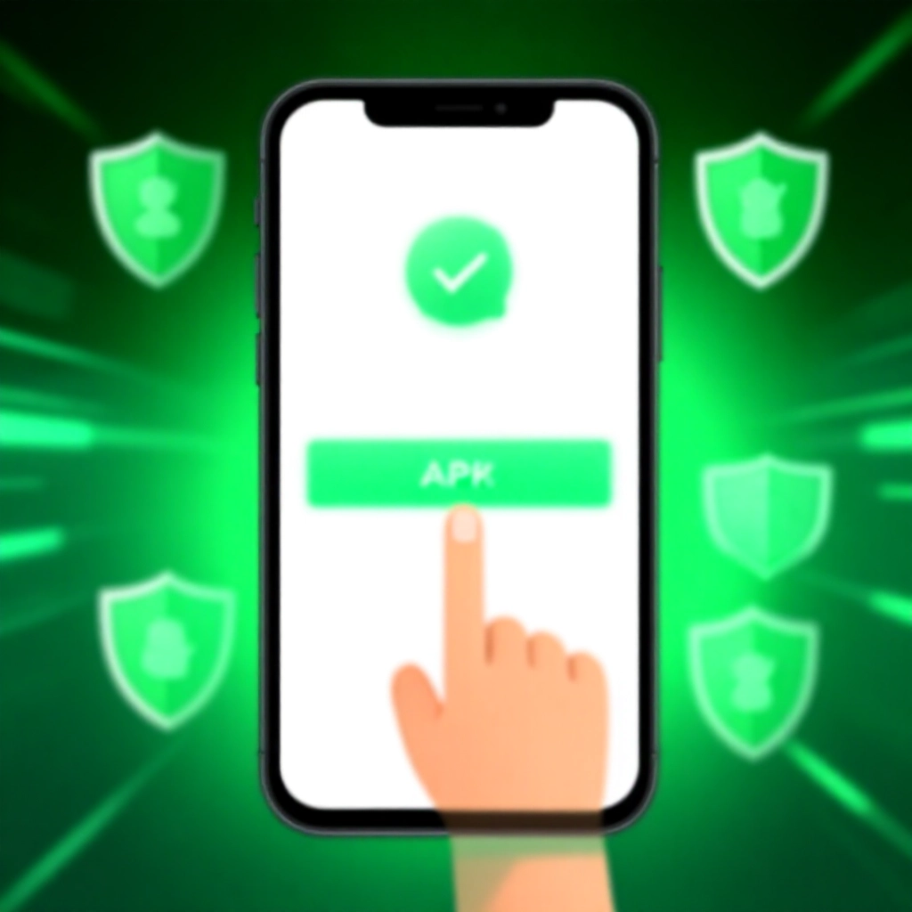 Android 手機螢幕顯示 APK 安裝警告彈出視窗，手指指向允許未知來源選項，周圍有保護盾圖示，在充滿活力的綠色科技環境中