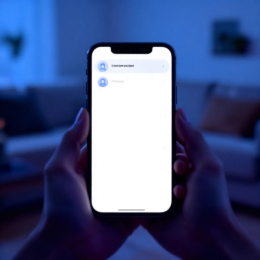 手持 iPhone 顯示設定選單的個人檔案與裝置管理，企業開發者描述檔準備好信任驗證，在柔和藍光舒適居家空間中