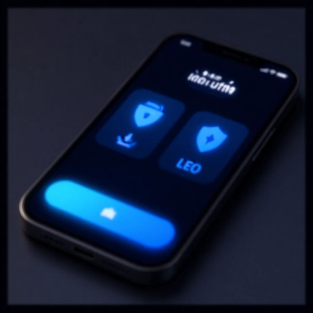 現代智慧型手機螢幕顯示醒目的 iOS 與 Android LEO App 下載按鈕，深色主題搭配藍色霓虹燈光與安全盾牌圖示