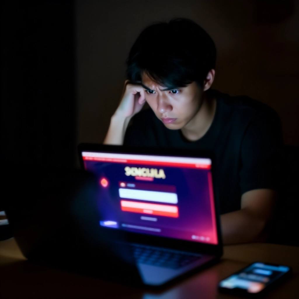 一位擔心的年輕台灣男子在昏暗房間中盯著發光的筆電螢幕,顯示華麗的線上娛樂城介面與可疑登入提示及紅色警告覆蓋層,緊張陰影與雜亂桌面上的手機通知