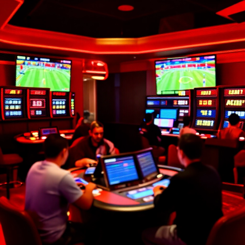 酷遊體育與KU真人直播投注場景，銳利賠率顯示、動感遊戲動作與興奮玩家，紅金賭場燈光