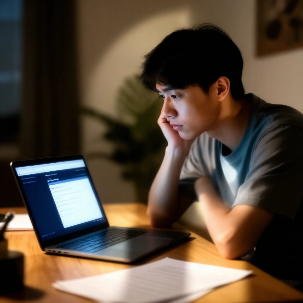一位年輕台灣男性在舒適家辦公室中，緊張查看顯示線上娛樂城提款介面的筆電螢幕，周圍散落筆記，柔和燈光投下陰影