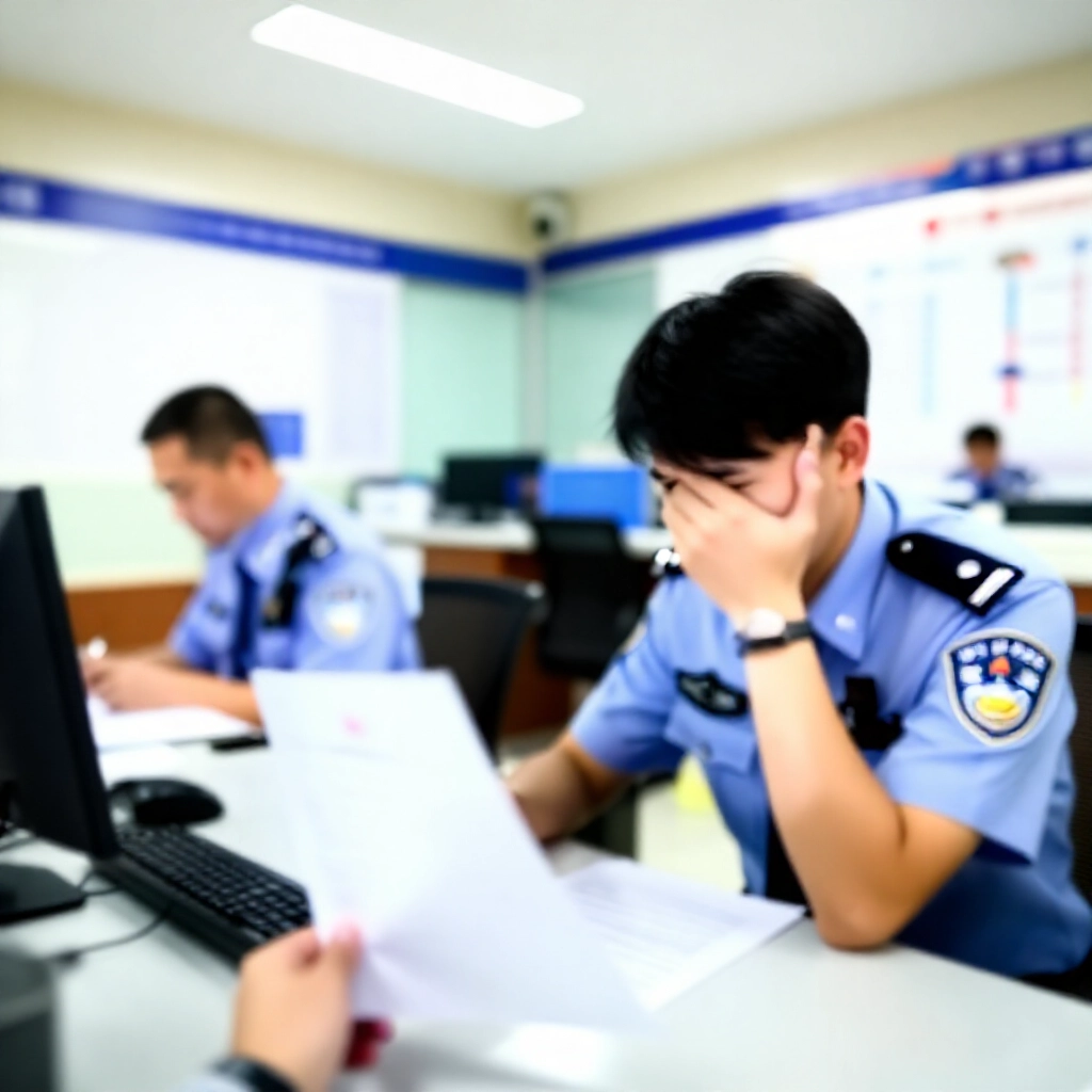 焦慮人士手持警方傳票站在台灣現代警察局櫃檯前，警員記筆錄，牆上貼有調查流程圖表