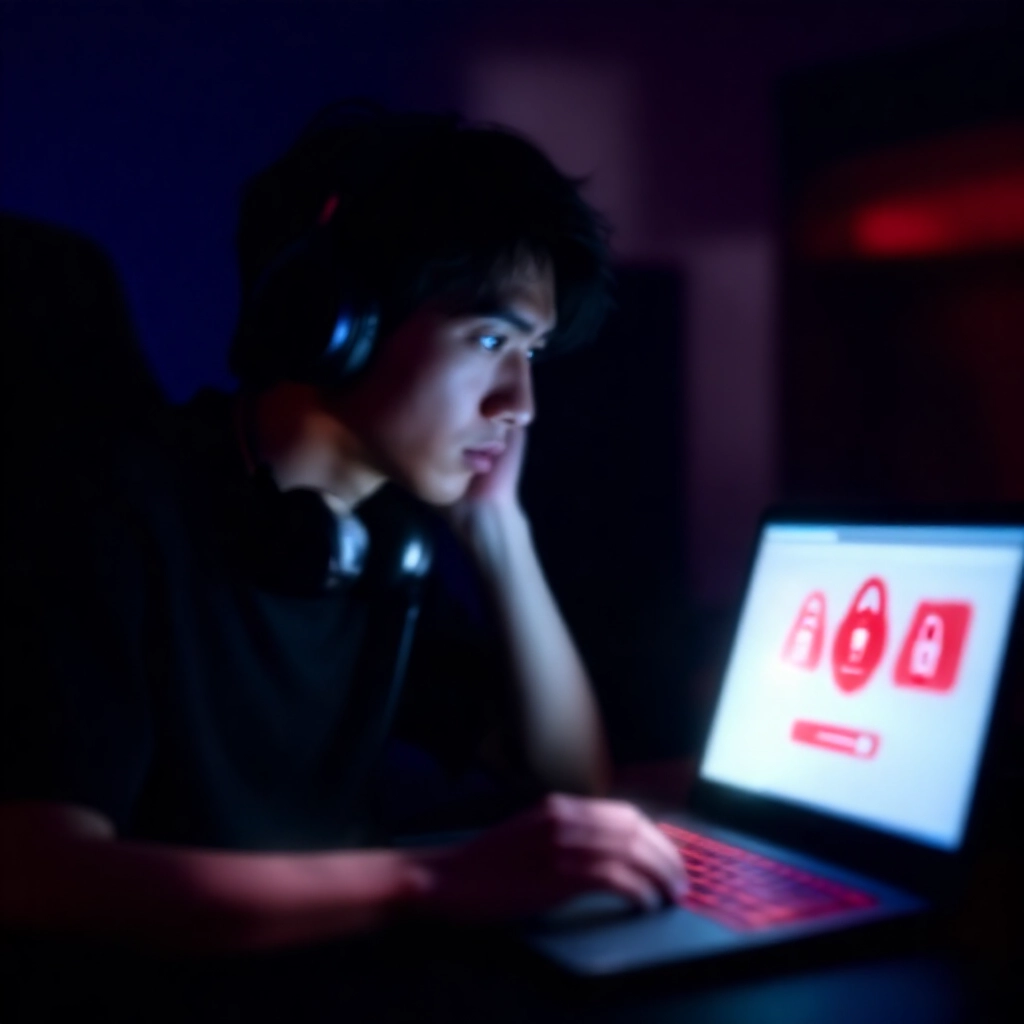 台灣玩家在昏暗房間深夜焦慮查看筆電螢幕,顯示鎖定出金介面與紅色警告圖示及微微發光的保全鎖