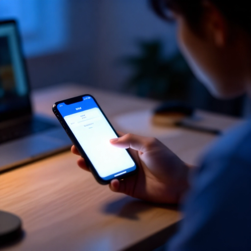 年輕人在舒適家裡書桌使用手機進行步驟式 e-KYC 驗證，發光 App 介面，舒適晚間燈光，放鬆專注，柔和藍色調，手指點擊螢幕