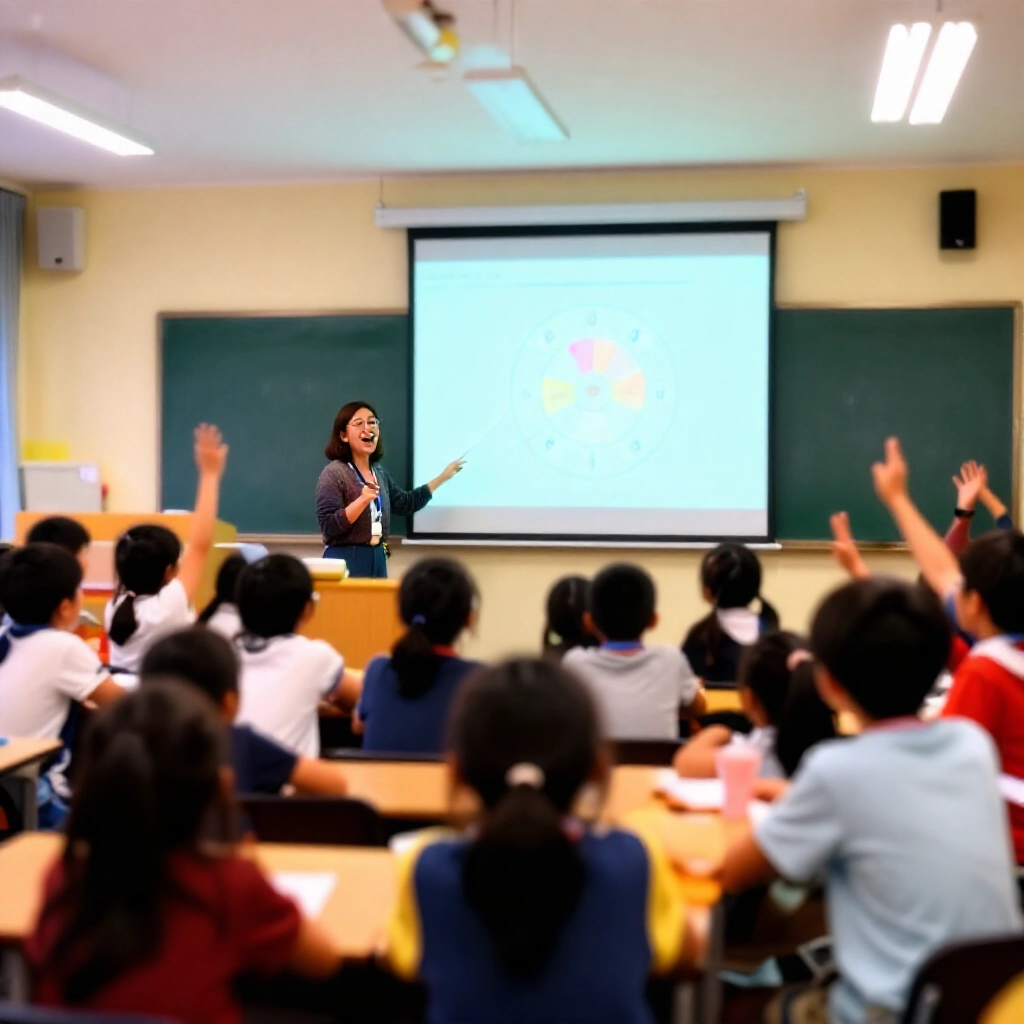 台灣活潑教室中,教師投影互動數位輪盤抽學生姓名,周圍學生興奮圍觀