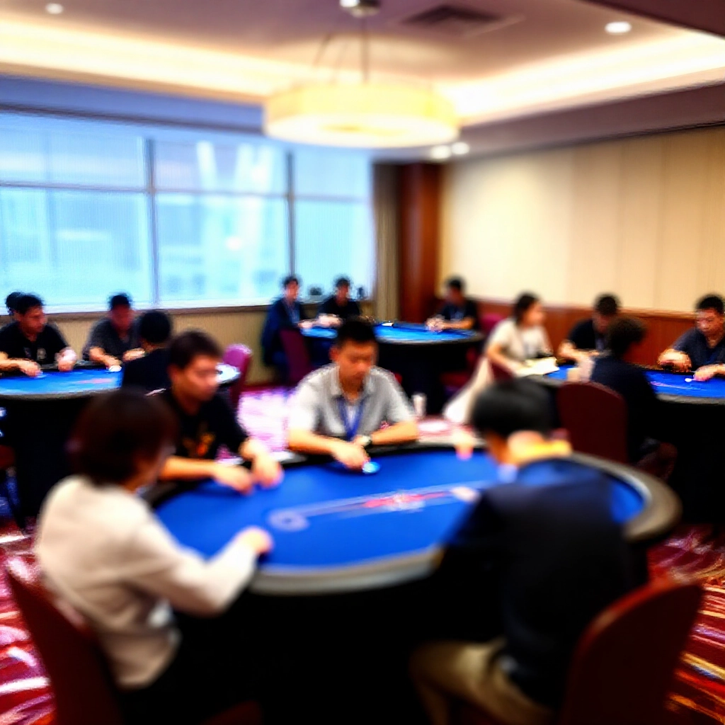 台北協會廳專業撲克錦標賽現場，寬敞房間多桌比賽，裁判監控公正，自然日光，台灣風格裝飾，嚴肅競賽氛圍