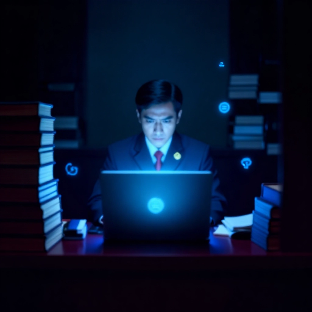 法庭內嚴肅法官審視顯示法律條文的電腦螢幕，周圍堆滿傳統中文法學書籍及線上投注介面圖示，以冷藍色調呈現