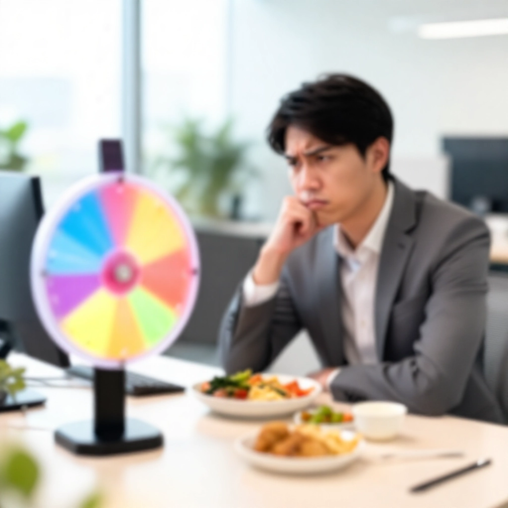 困惑的台灣上班族在明亮辦公室桌前思考午餐選擇,彩色決策輪盤柔和發光