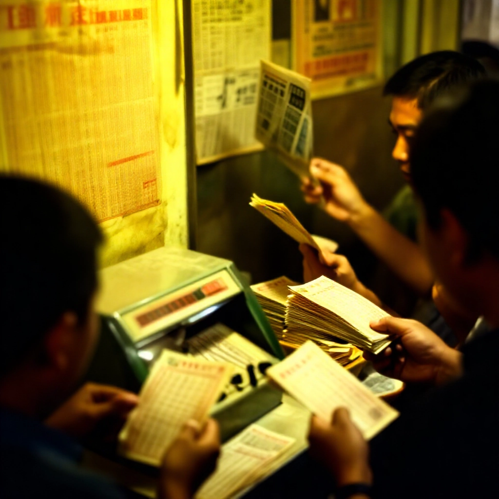 1987 年復古台灣彩票櫃檯，焦慮民眾握愛國獎券堆疊，褪色開獎海報與停發新聞標題，昏黃燈光喚起時代終結氛圍