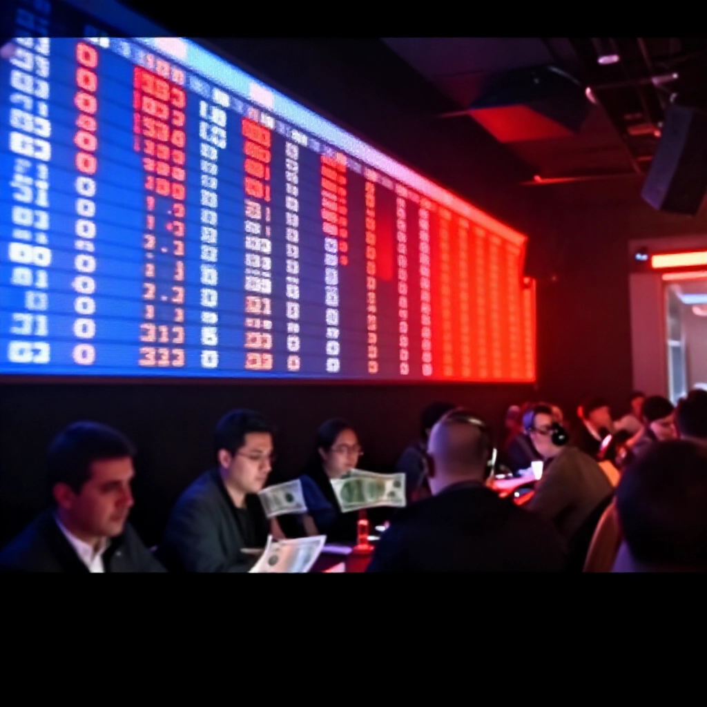 動態數位螢幕顯示賠率因熱錢湧入而下降，戲劇燈光從藍轉紅，緊張投注室氛圍中專注分析師